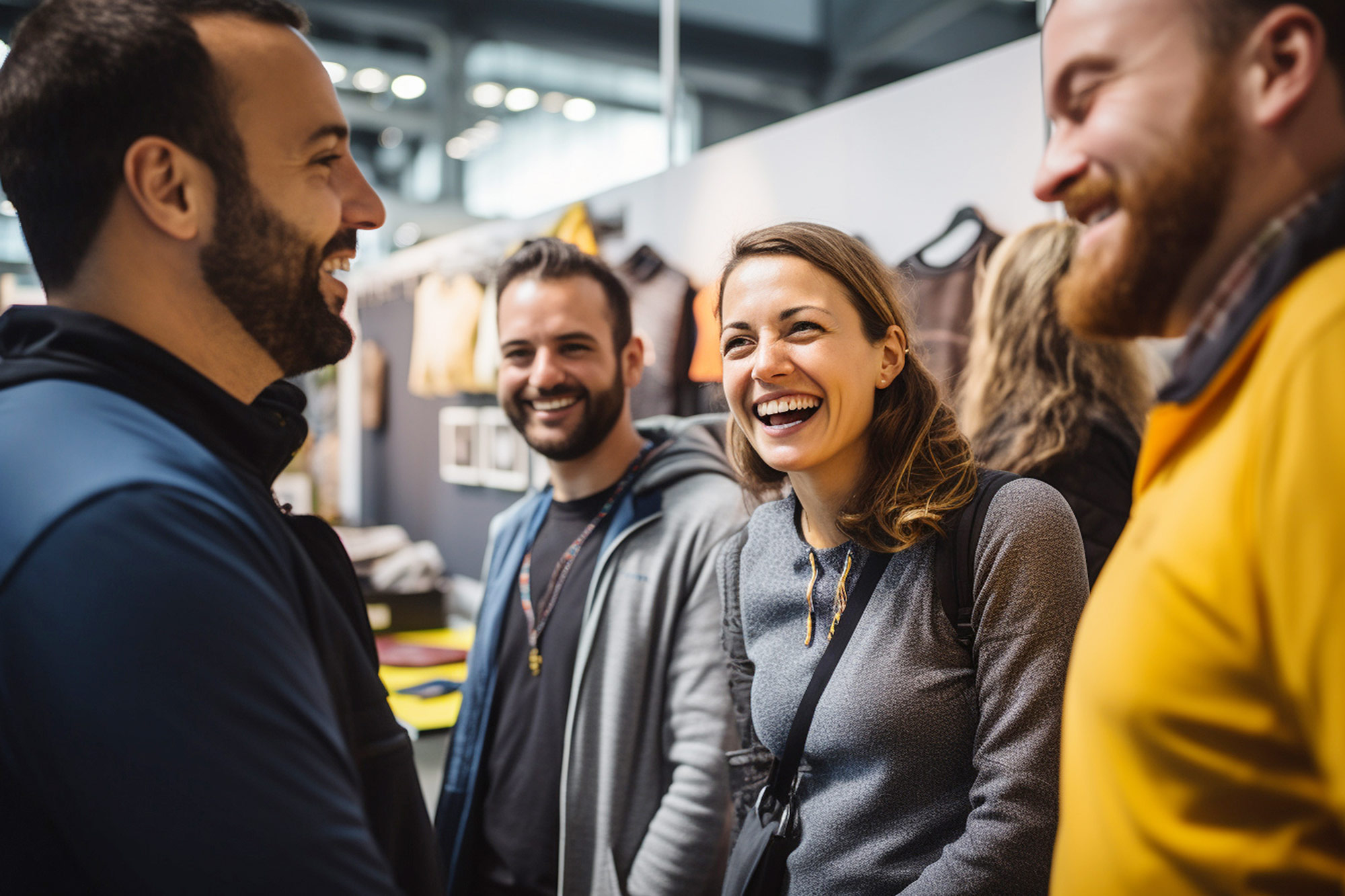 Eine Gruppe von vier Personen lacht und unterhält sich fröhlich auf einer Messe.